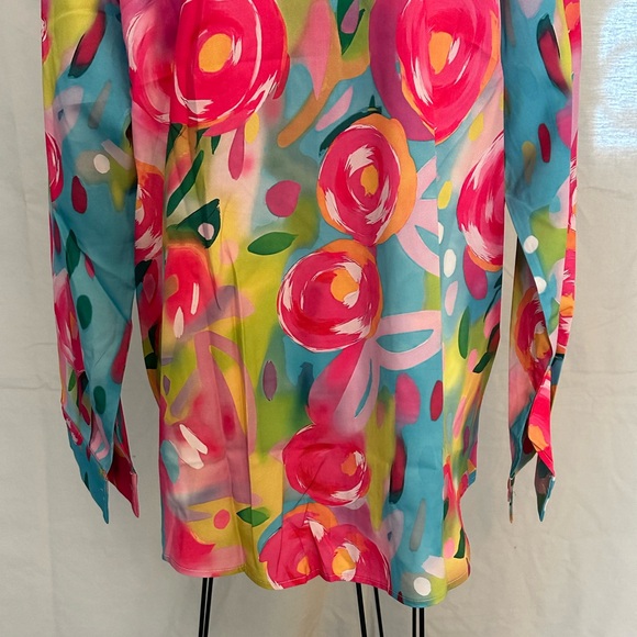 NWOT SHEIN Colorful Floral Button Down Shirt long sleeve pink blue green XXL - Picture 14 of 16